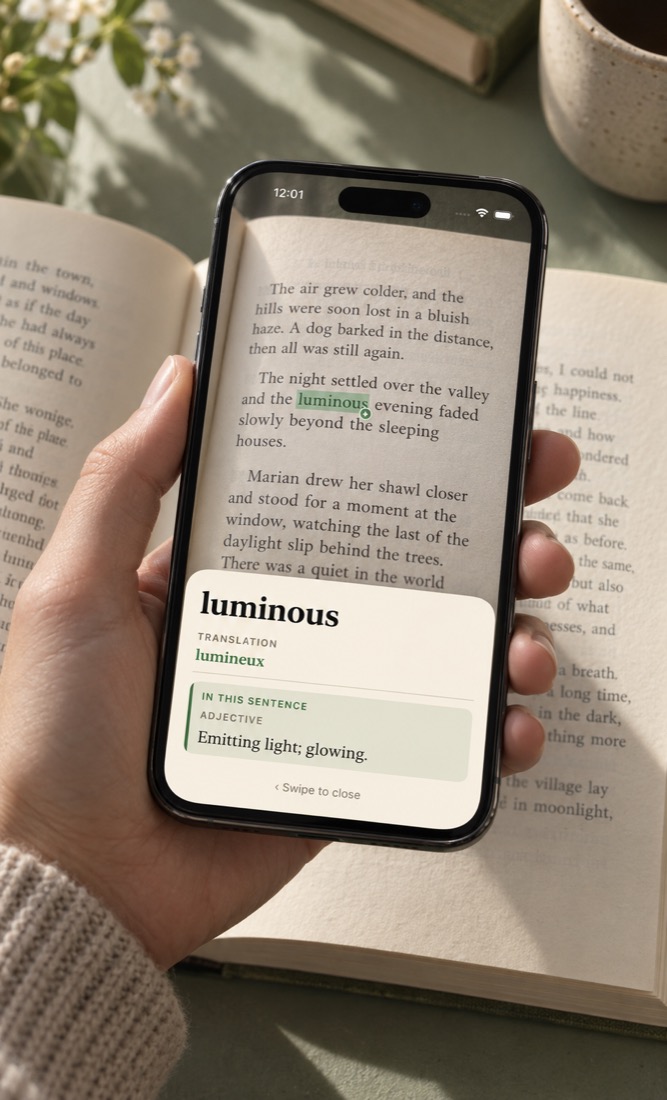 An iPhone held above an open paper book, showing luminous, its French equivalent lumineux, and an English definition